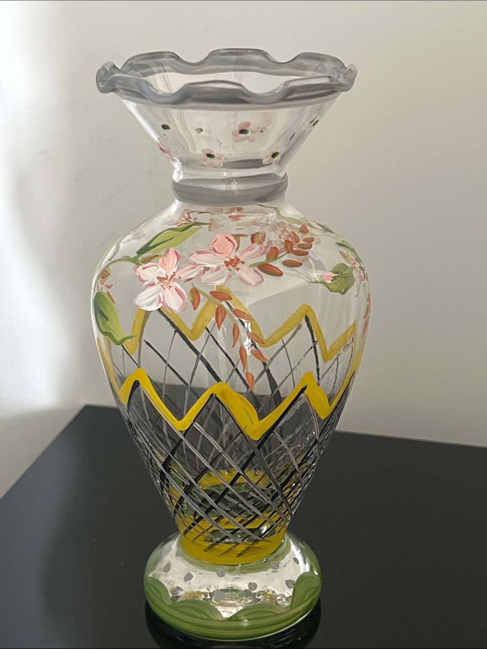Hand-Painted Clear Glass Floral Vase with Yellow and Green Accents